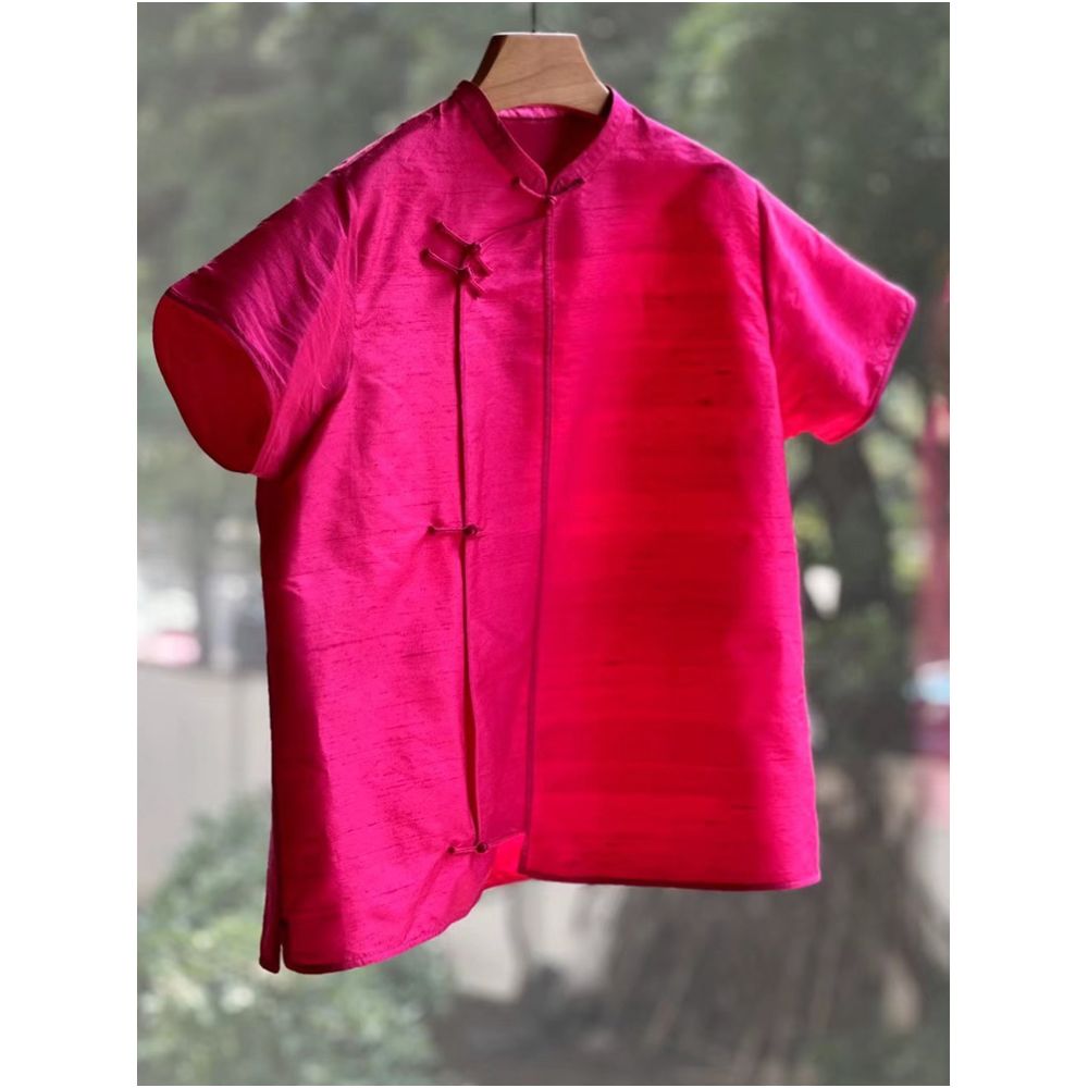 2025 autumn new Chinese style design with a niche rose red short sleeved shirt youthful and beautiful Western style top for women image 1