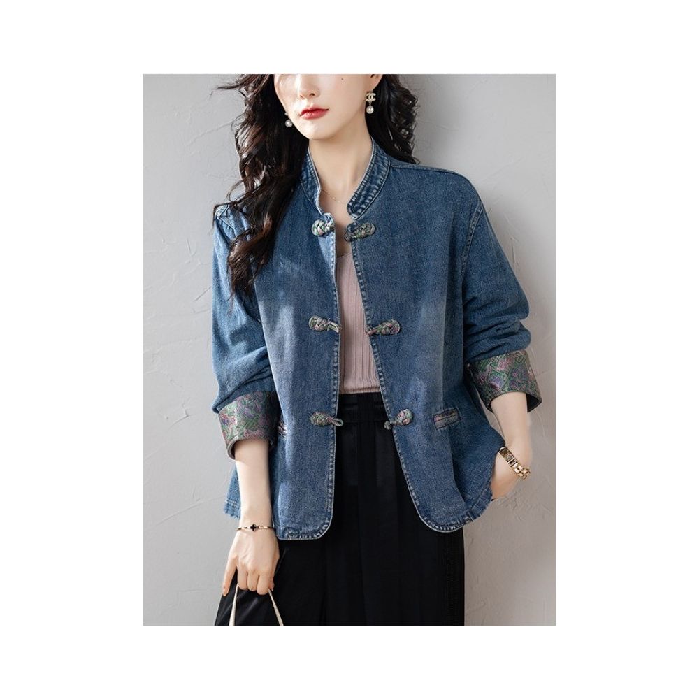 September Momo New Chinese style Cowboy Coat for Women s Spring and Autumn 2025 New Chinese Style Retro Button Embroidered Top for Women image 1