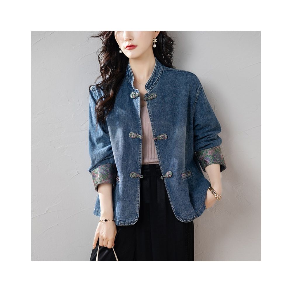 September Momo New Chinese style Cowboy Coat for Women s Spring and Autumn 2025 New Chinese Style Retro Button Embroidered Top for Women image 7