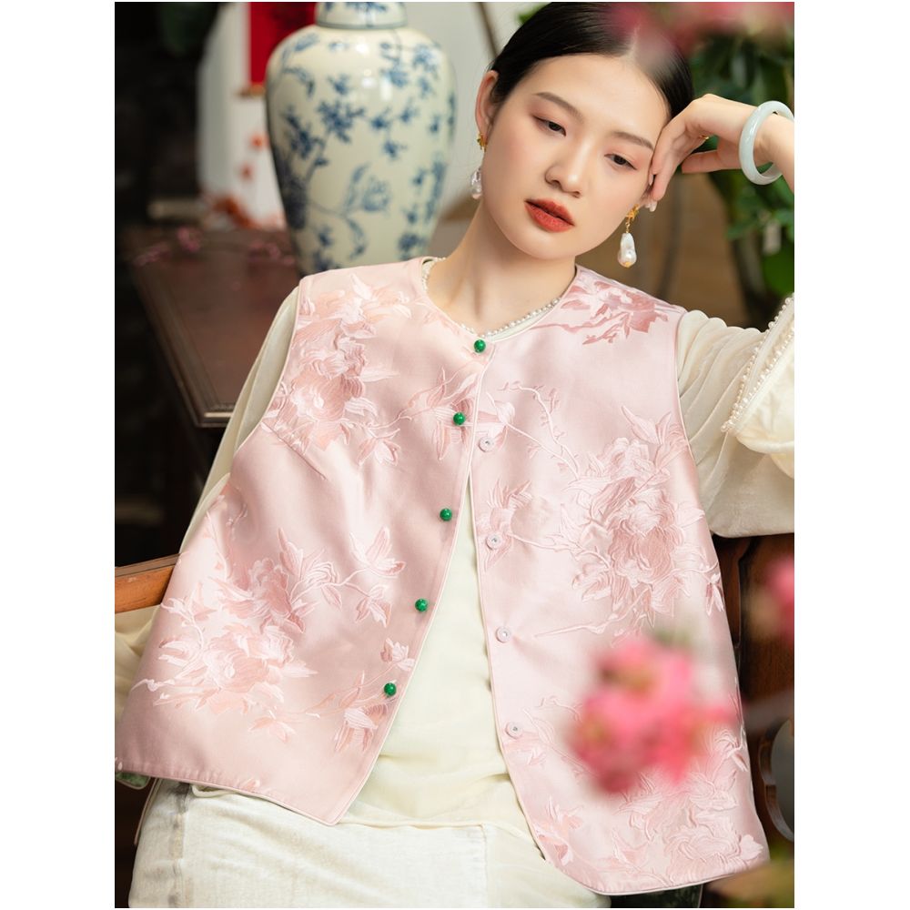 Limited time clearance price CPP1366 double sided wearable silk hair peony embroidery Chinese retro vest new Chinese women s clothing image 2