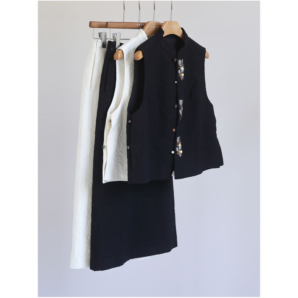 Nail bead embroidery fashionable new Chinese style cotton and wool set women s Chinese style mixed and matched vest high waisted split skirt M51096 image 23