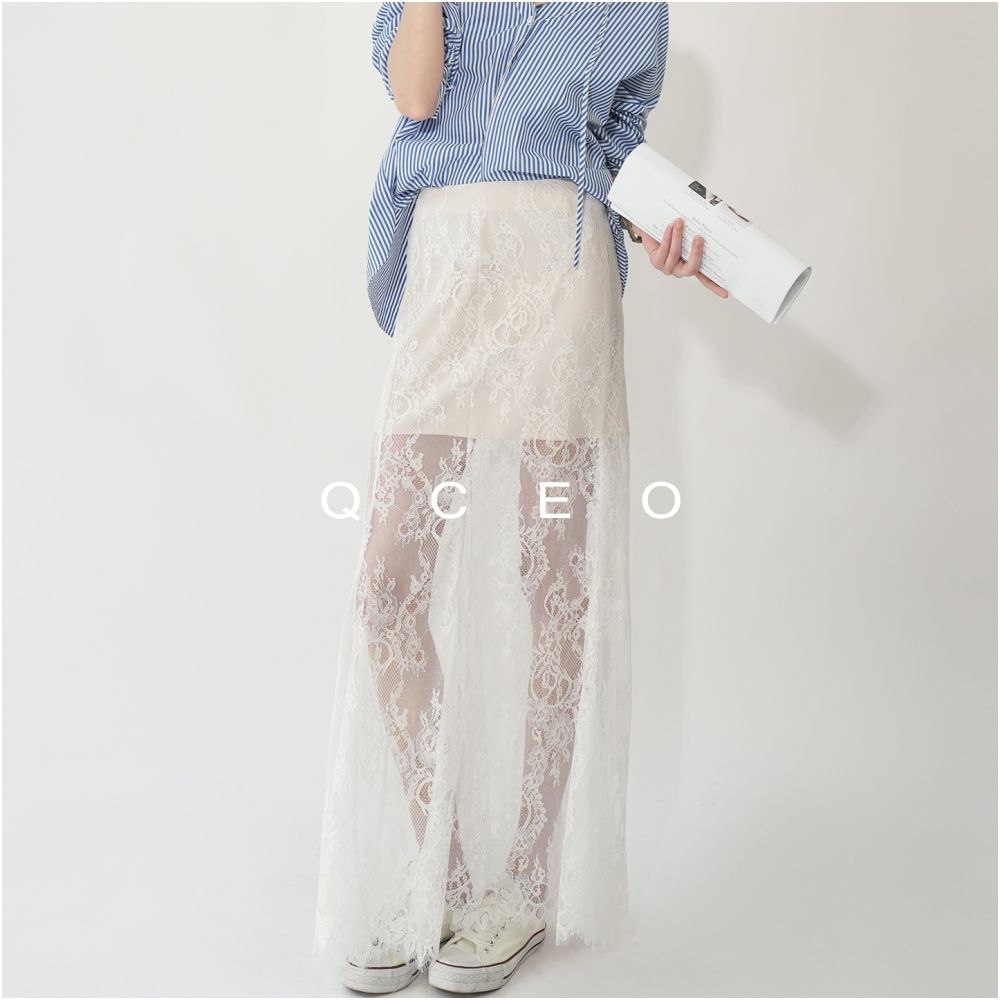 QCEO Premium Super Soft Eyelash Lace Half length Skirt with High Waist Fishtail Skirt Looks Thin Floor length Skirt Summer image 7