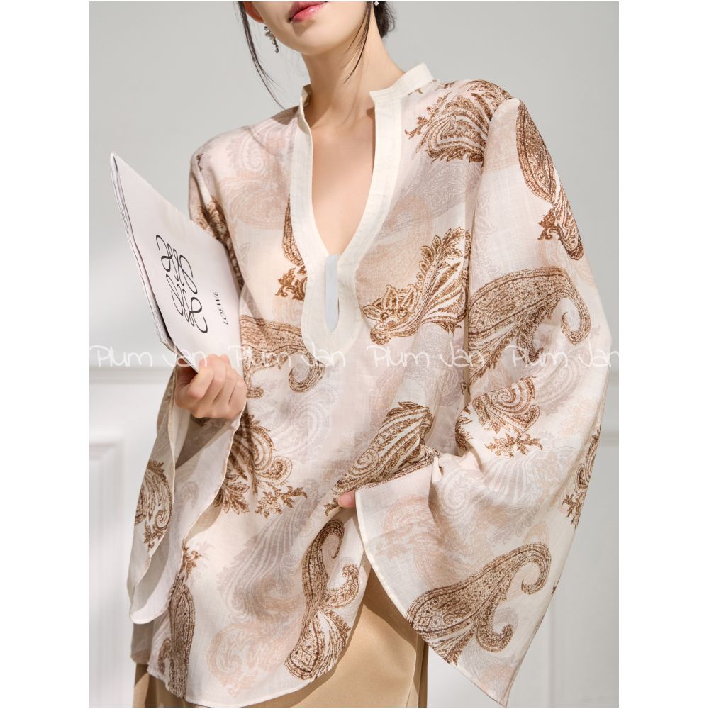 Plum Jan New Chinese style vacation V neck embroidered long sleeved loose casual high end top 2025 summer new item image 0