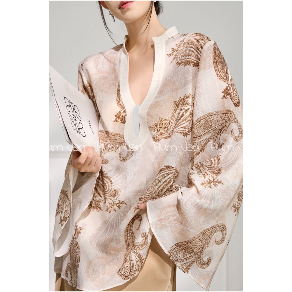 Plum Jan New Chinese style vacation V neck embroidered long sleeved loose casual high end top 2025 summer new item image 12