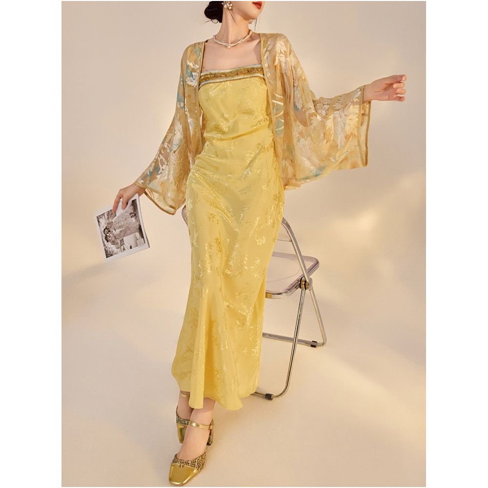 Tang Dou Gao Ding Yun Ran Kui New Chinese style Retro cardigan Chiffon Sunscreen jacket Strap skirt Dress image 5