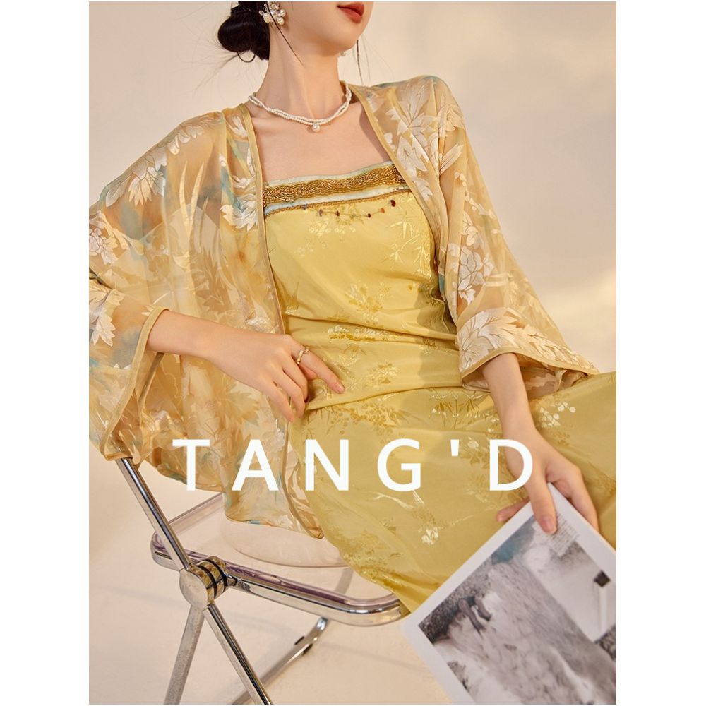 Tang Dou Gao Ding Yun Ran Kui New Chinese style Retro cardigan Chiffon Sunscreen jacket Strap skirt Dress image 0
