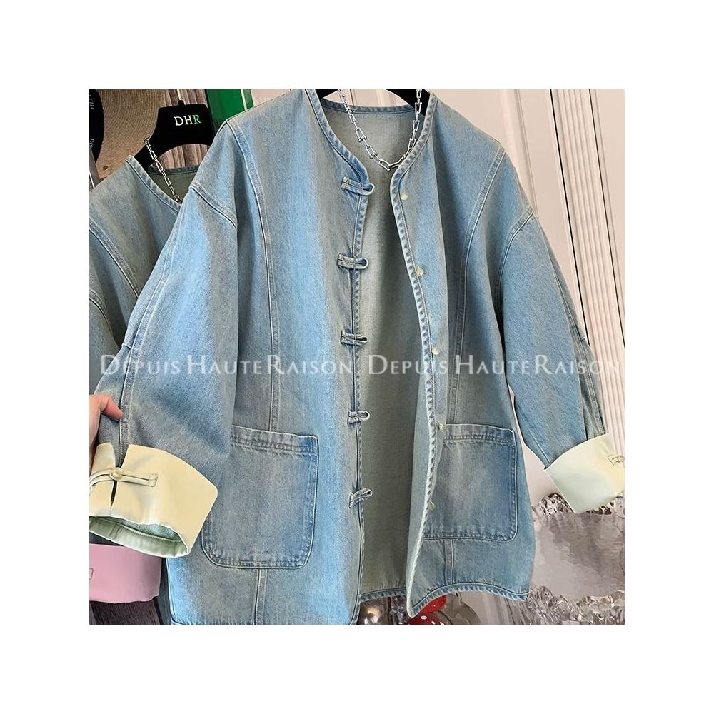 300 pounds extra large spring American retro outerwear men s and women s new Chinese style buckle chic fake two piece denim jacket image 10