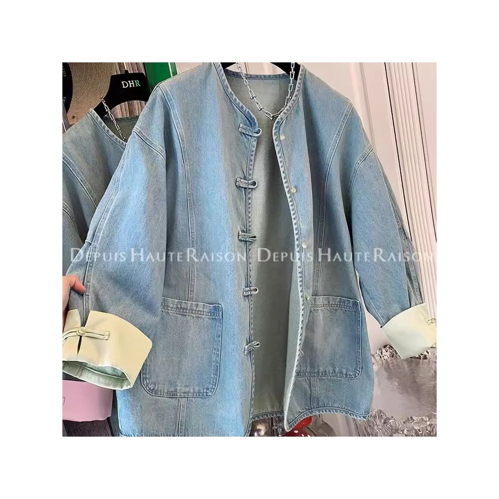 300 pounds extra large spring American retro outerwear men s and women s new Chinese style buckle chic fake two piece denim jacket image 28