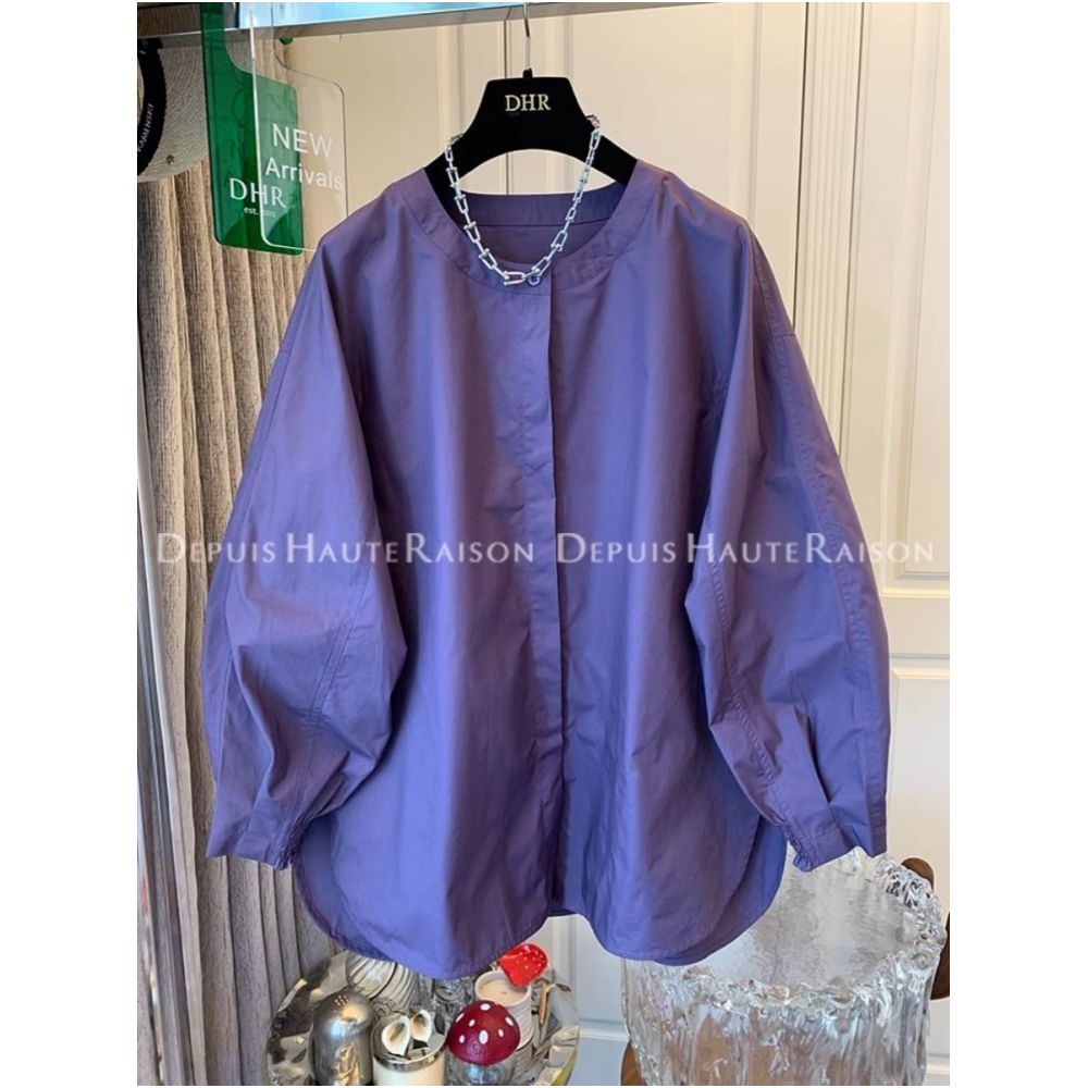 Large French style round neck lantern sleeves purple shirt for men and women Spring and Autumn 2025 new loose long sleeved top trend image 1