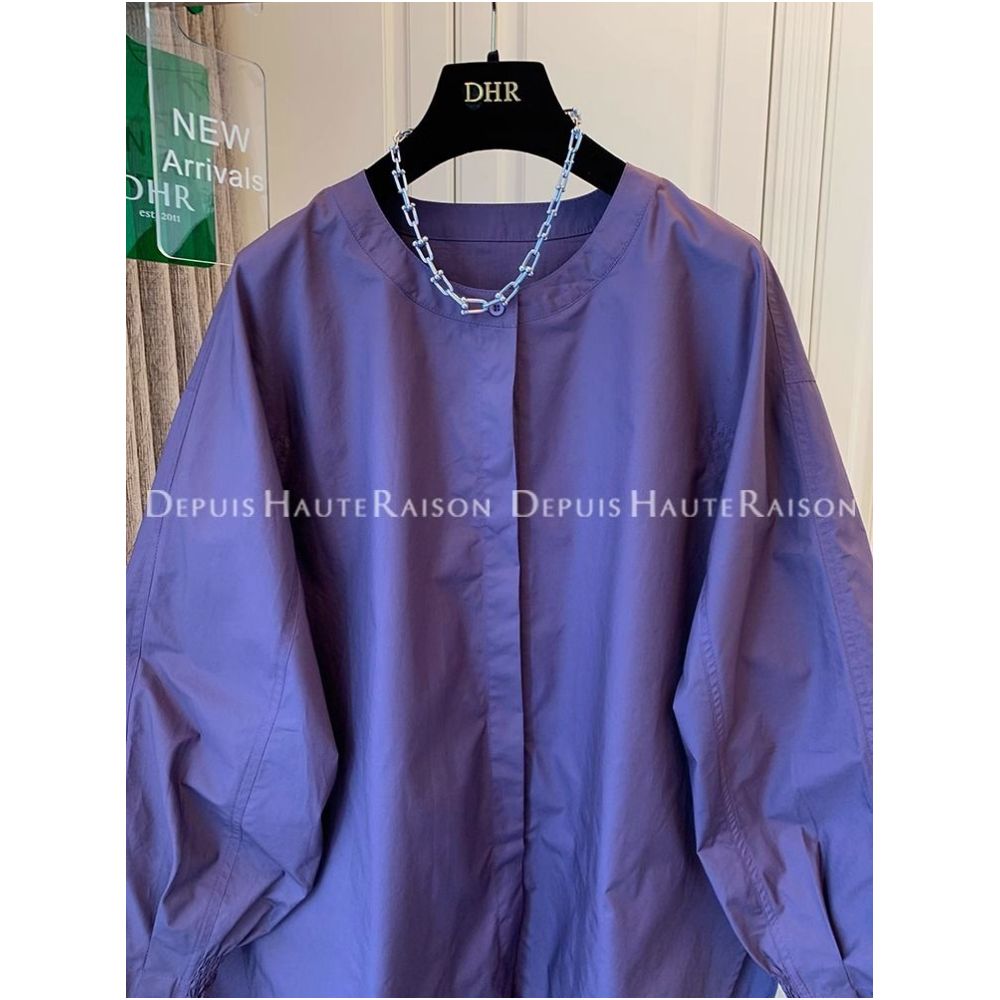 Large French style round neck lantern sleeves purple shirt for men and women Spring and Autumn 2025 new loose long sleeved top trend image 3