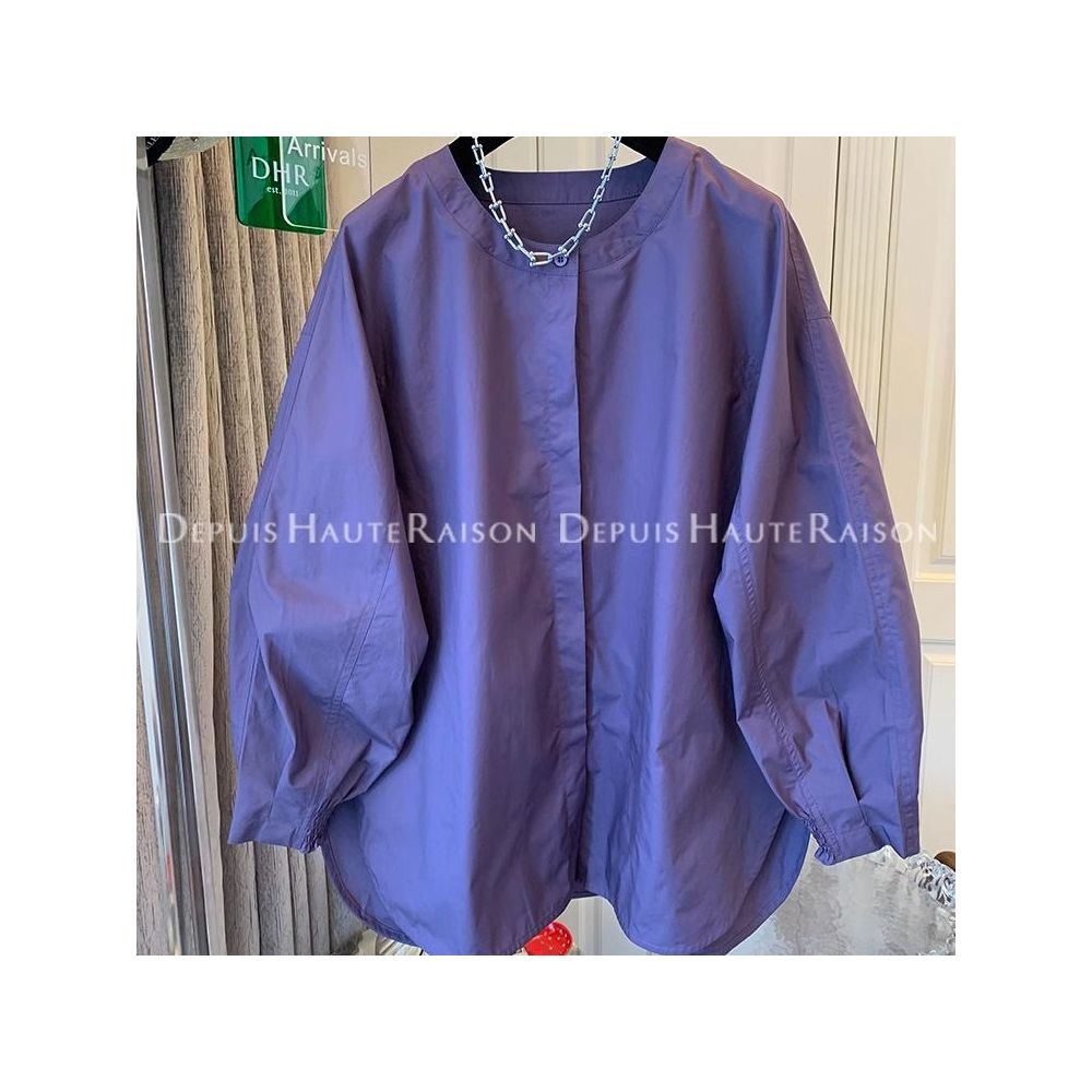 Large French style round neck lantern sleeves purple shirt for men and women Spring and Autumn 2025 new loose long sleeved top trend image 8