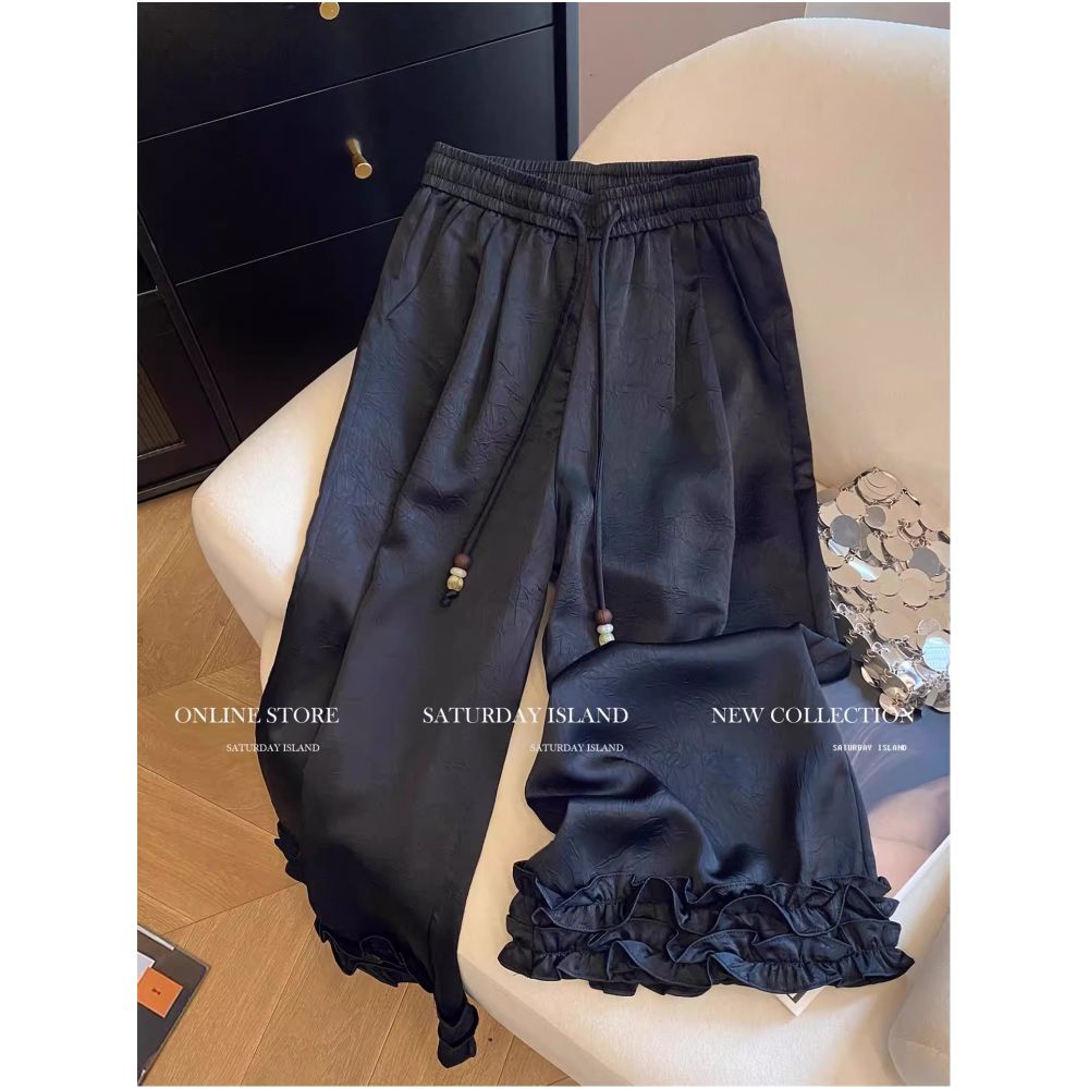 Plus size 300 pounds Japanese retro patchwork black fungus border pattern drawstring wide leg pants for men and women acetate satin pants image 0
