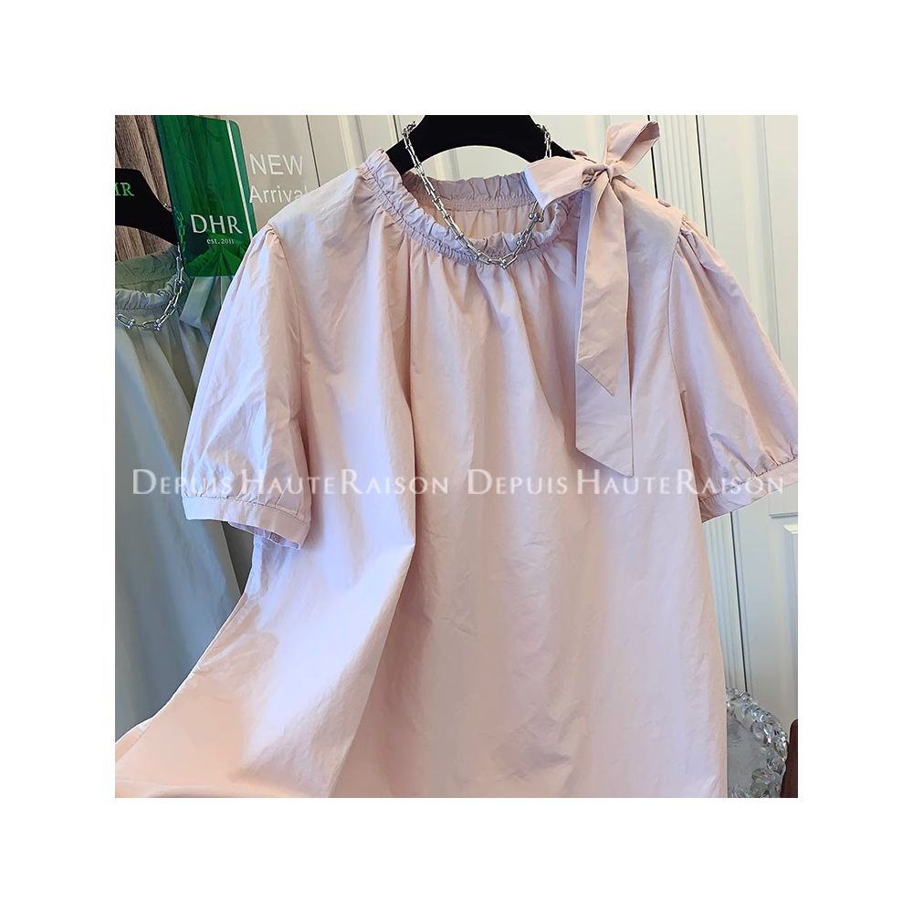 Size up 300 pounds bow tie tied short sleeved shirt top for men s summer new loose half sleeved doll shirt ins image 7