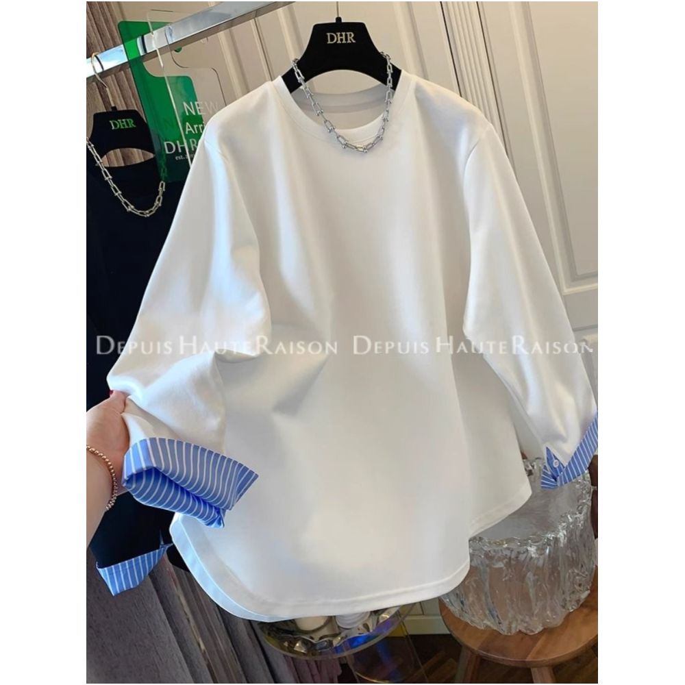 Large size 300 pounds fake two piece shirt splicing long sleeved T shirt for men and women in spring and autumn design niche and unique interior top image 23