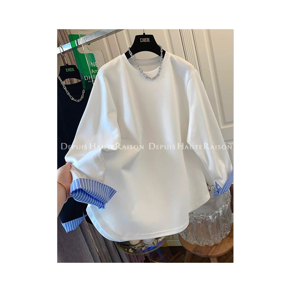 Large size 300 pounds fake two piece shirt splicing long sleeved T shirt for men and women in spring and autumn design niche and unique interior top image 31