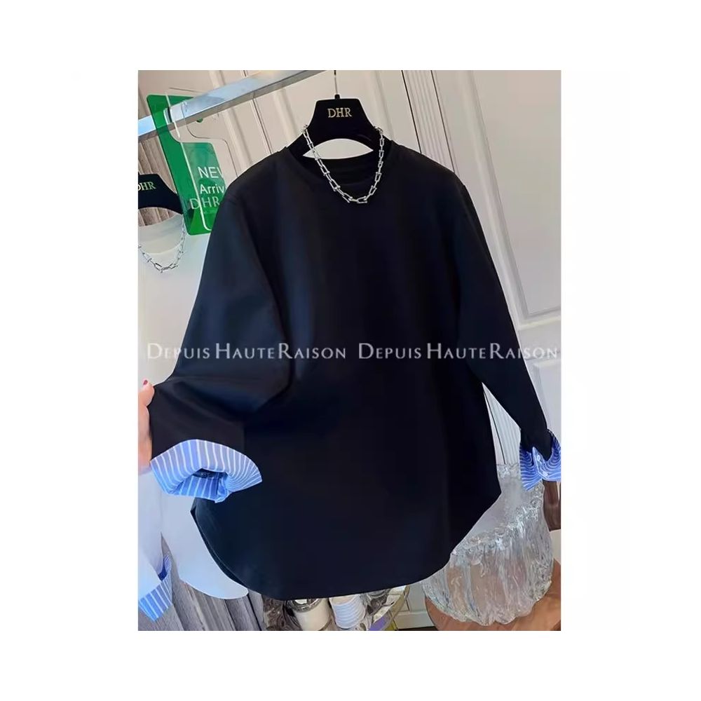 ASAYA4852 – Striped Cuff Chic Blouse ⚪️⚫️💙