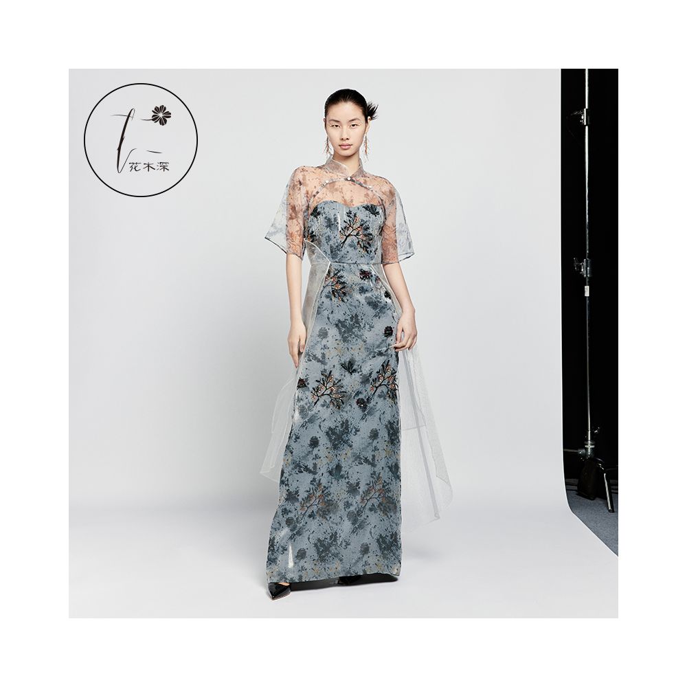 Shanghai Fashion Week Flower and Tree Deep Handmade Three Dimensional Pearl Embroidery Chinese Style Qipao Women s High Luxury Dress Star Same Style image 5