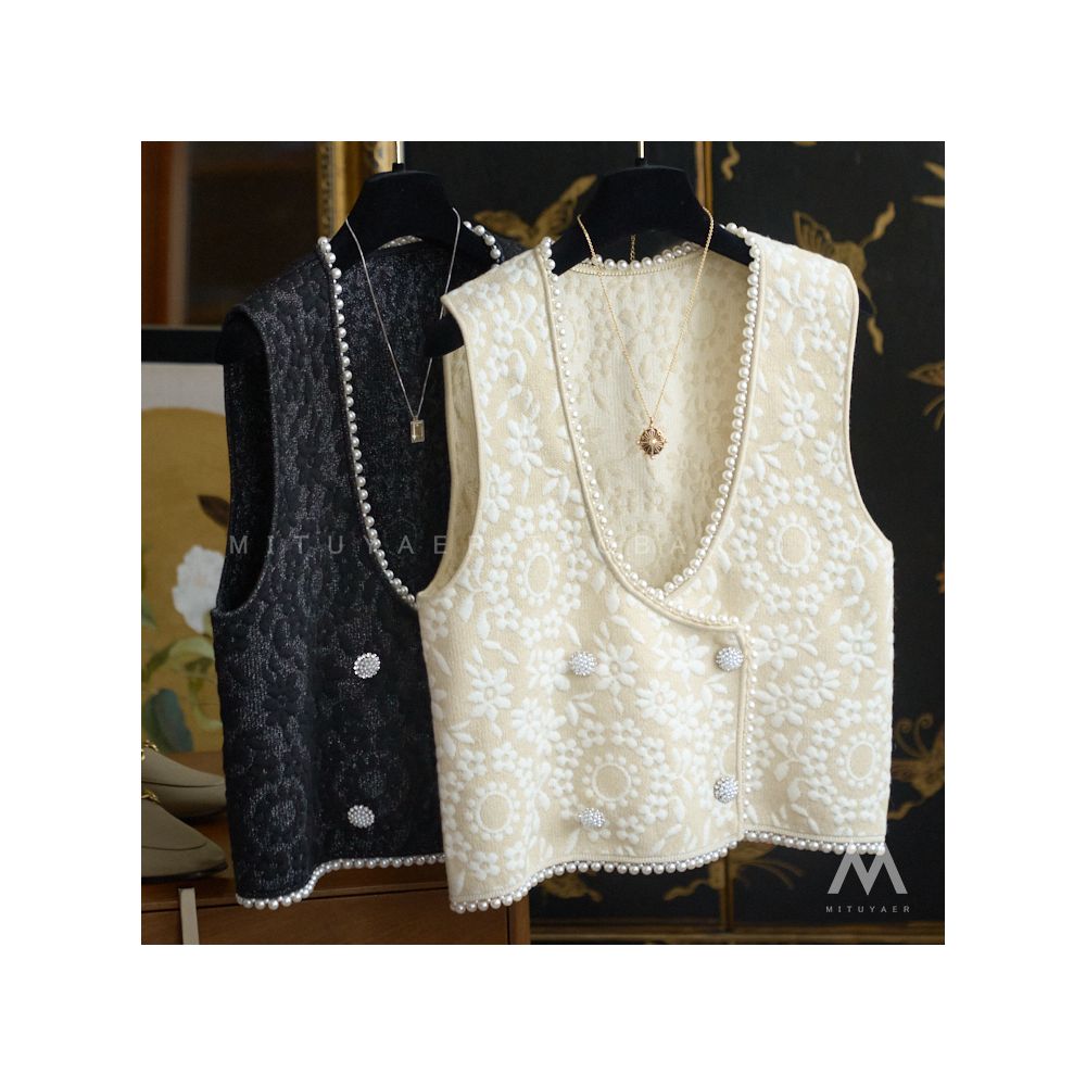 Lingering in the heart overlapping temperament doubled bead relief flower texture knitted vest vest vest T07030 image 0