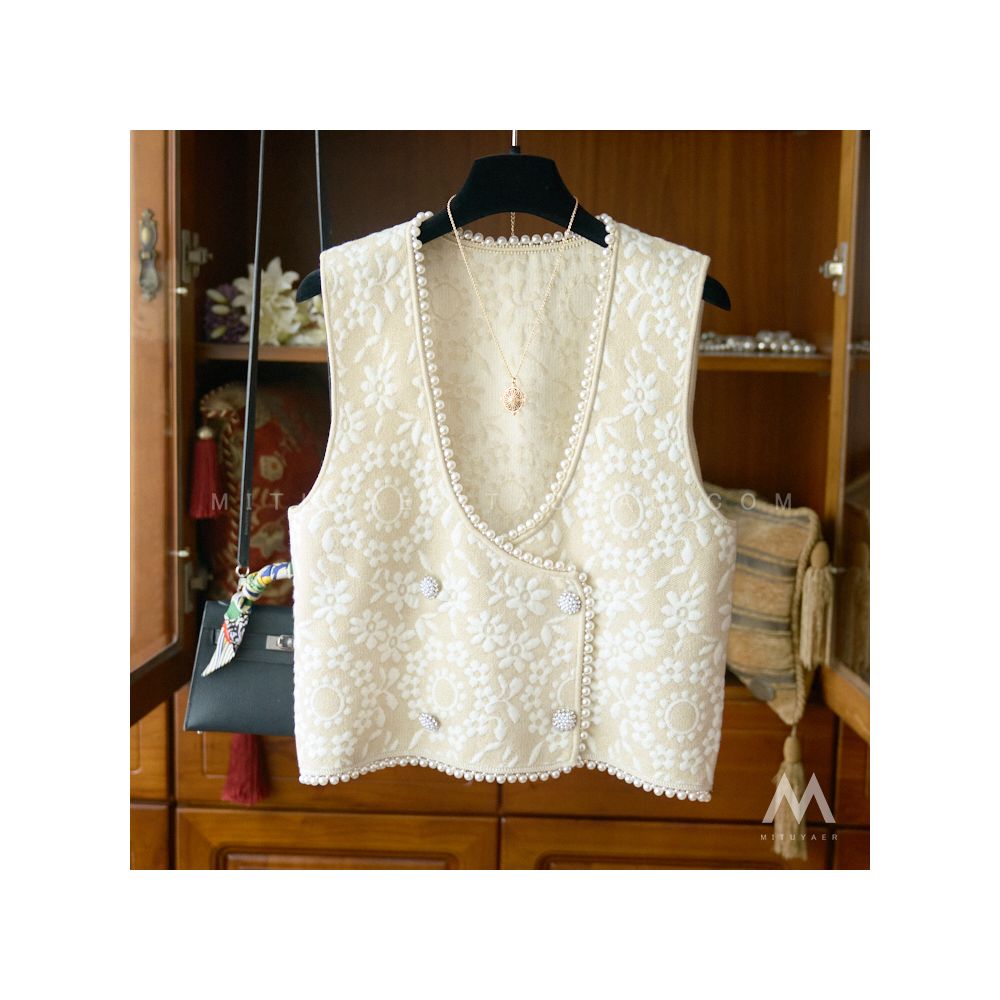 Lingering in the heart overlapping temperament doubled bead relief flower texture knitted vest vest vest T07030 image 13