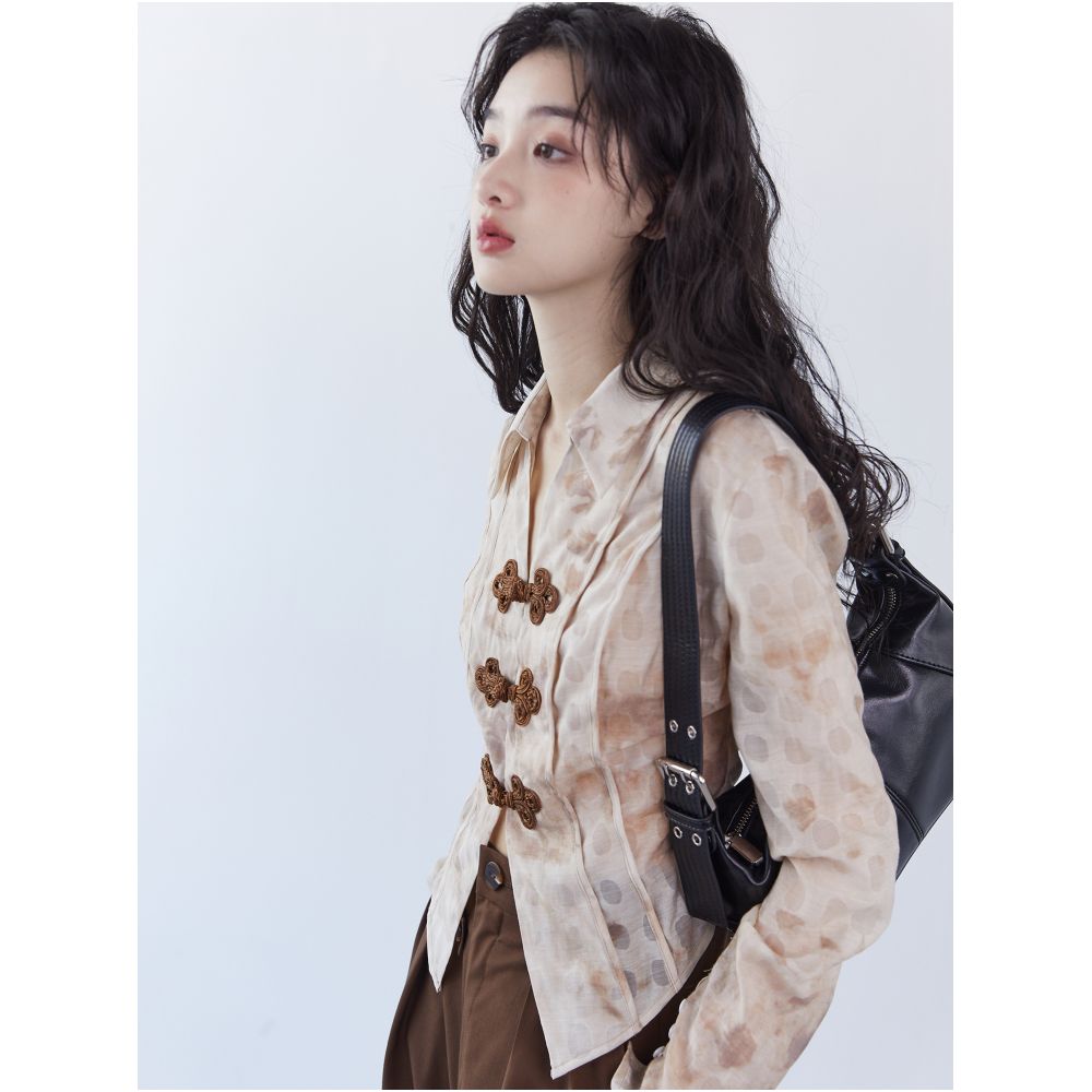 Original New Chinese Tie Dyeing Shirt for Women s Autumn Design Maillard Pan Button Slimming Shirt image 3