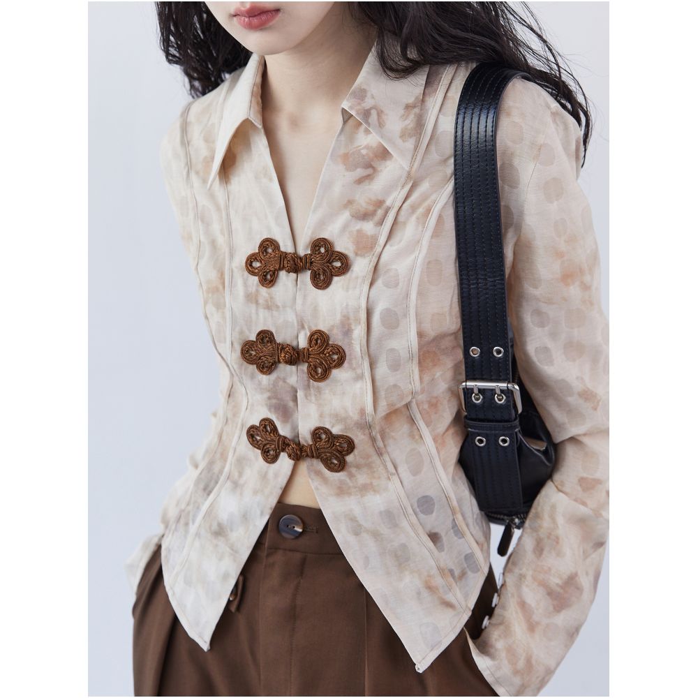 Original New Chinese Tie Dyeing Shirt for Women s Autumn Design Maillard Pan Button Slimming Shirt image 8