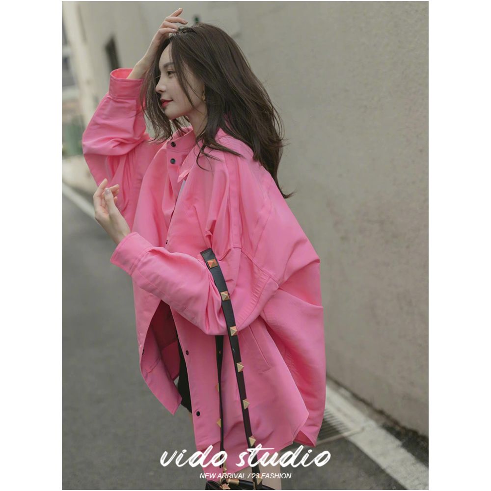 Shen Mengchen s same pink long sleeved shirt for women with a niche design loose and lazy silhouette top thin jacket for spring and autumn image 1
