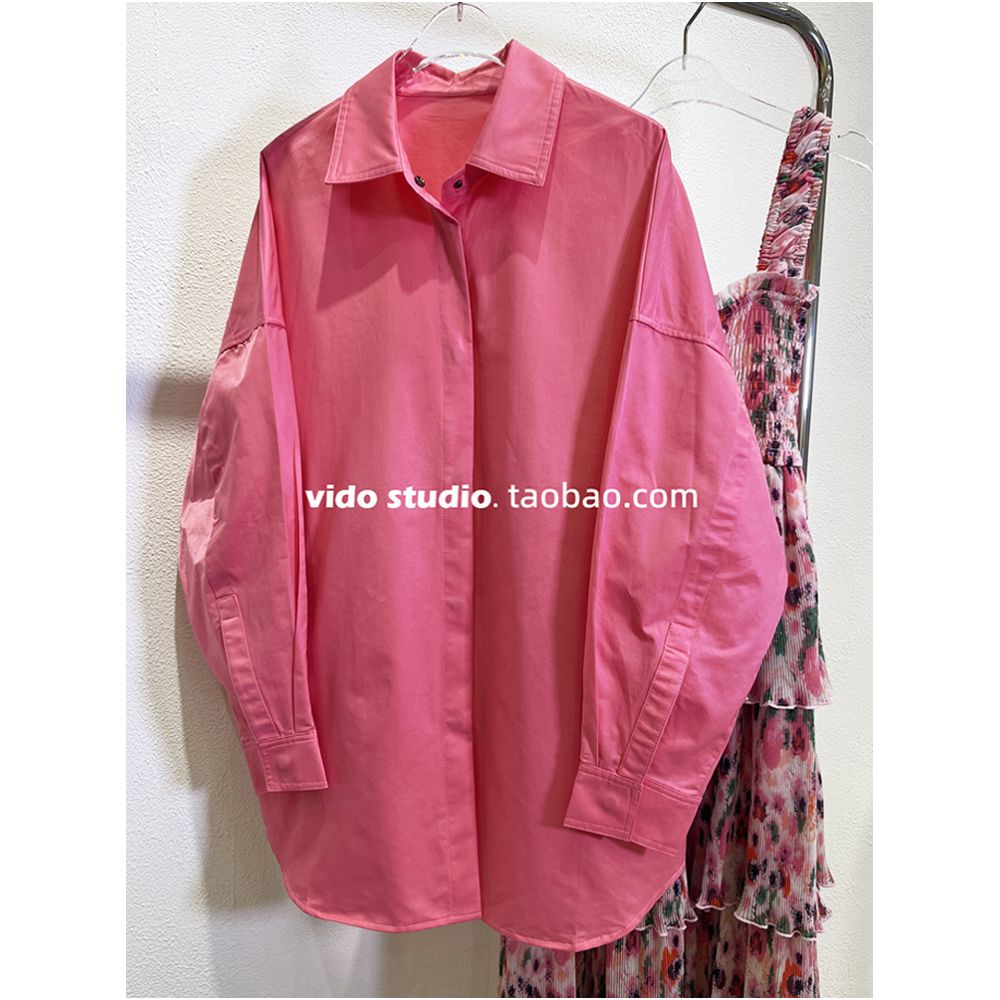 Shen Mengchen s same pink long sleeved shirt for women with a niche design loose and lazy silhouette top thin jacket for spring and autumn image 2