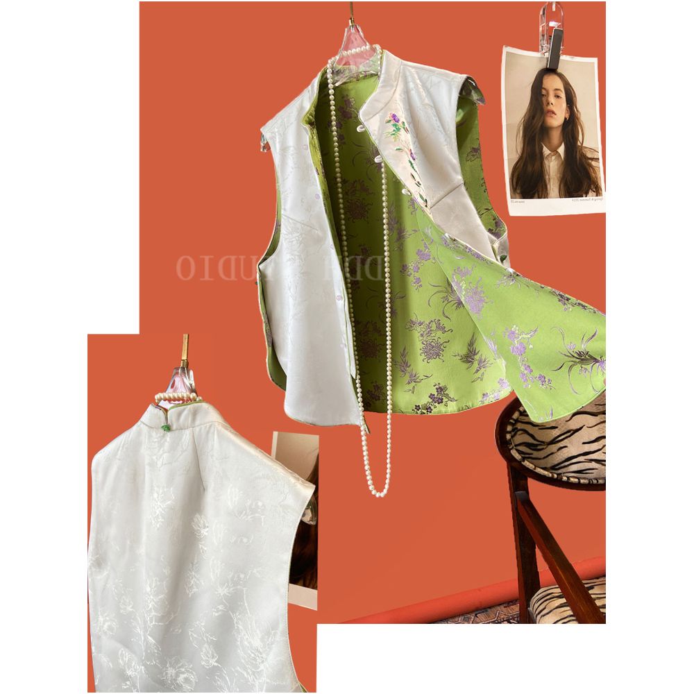 First tier brands withdraw from the cabinet light luxury double sided wearing vest customized silk jacquard stand up collar fashionable outerwear top image 9