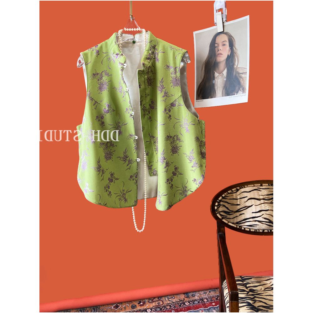 First tier brands withdraw from the cabinet light luxury double sided wearing vest customized silk jacquard stand up collar fashionable outerwear top image 10