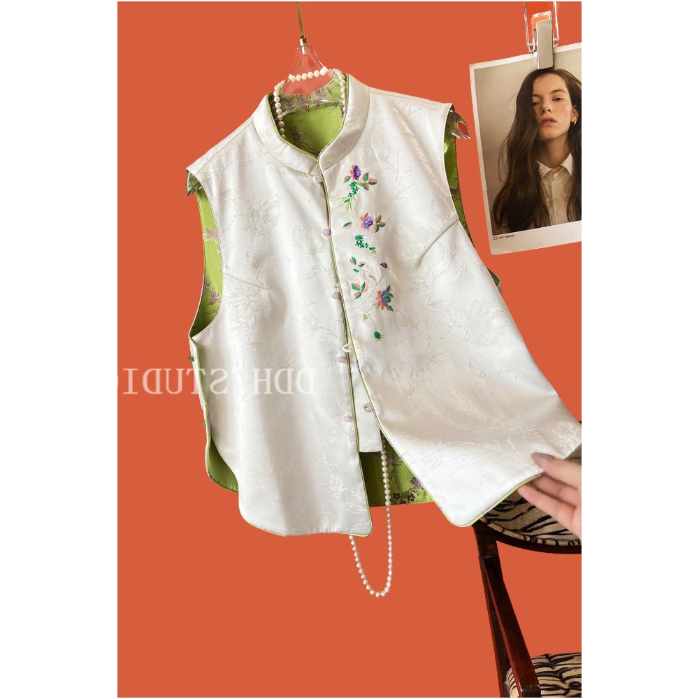 First tier brands withdraw from the cabinet light luxury double sided wearing vest customized silk jacquard stand up collar fashionable outerwear top image 12