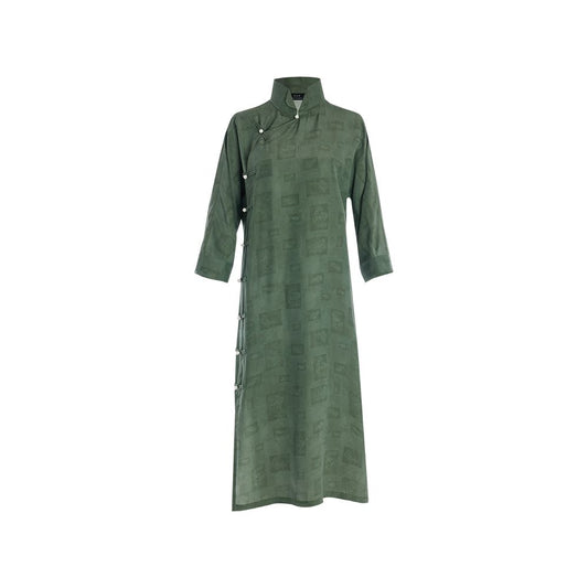 Asaya1074 - Flower and Tree Deep Ancient Method Flat Cutting Improved Cheongsam Silk Vintage Printed Dress Loose Sleeve Chinese Style Dress