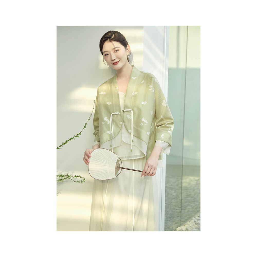 Mountain Colored Spring and Summer New Chinese Women s Clothing Improvement Hanfu Double breasted Jacquard National Style Coat Zen Tea Clothing Plate Button Top image 9