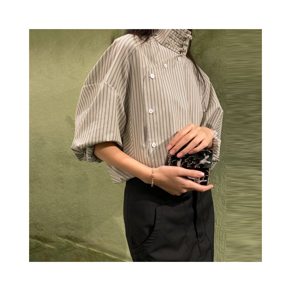 New Chinese style design commuting buckle half high collar diagonal collar striped shirt with cuffs and tie up shirt top for spring and summer new styles image 10