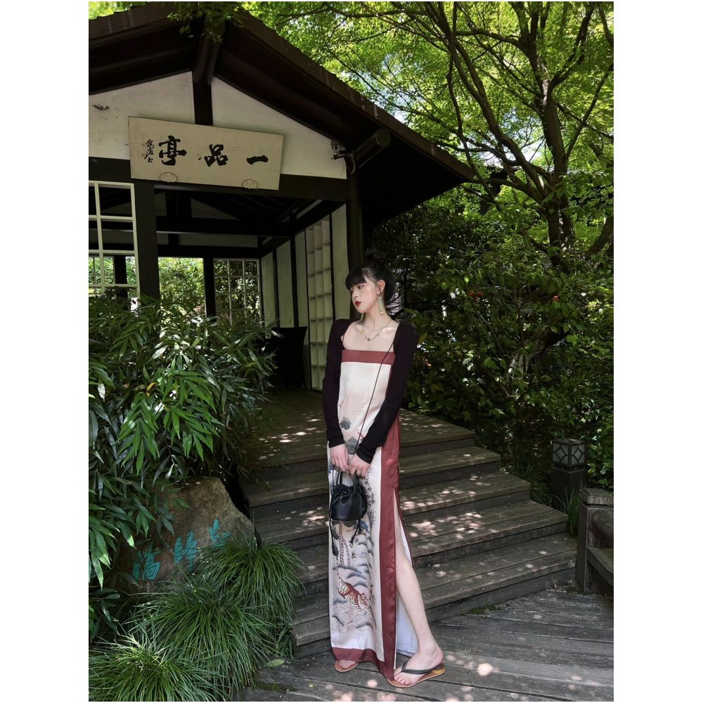 China Chic retro dress with straight neck in summer 2022 New slim slim high waist slit dress for women image 2