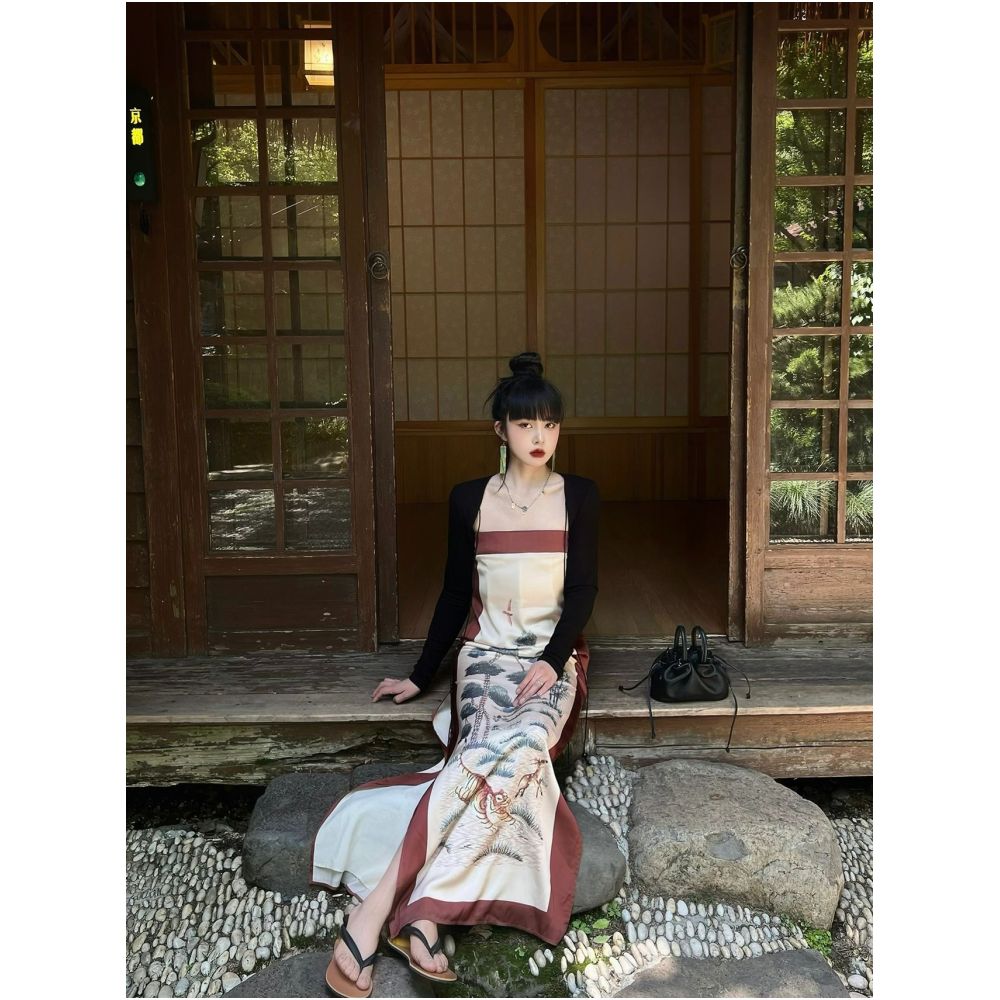 China Chic retro dress with straight neck in summer 2022 New slim slim high waist slit dress for women image 3