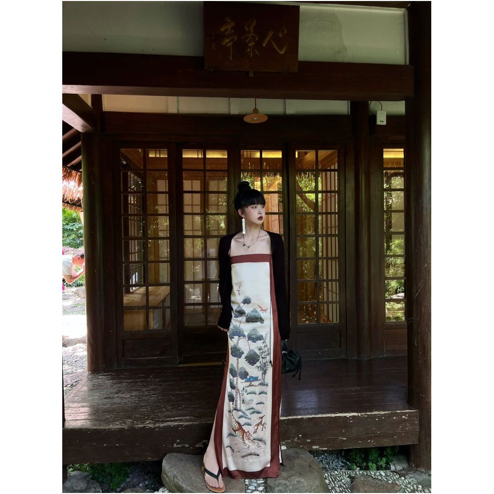 China Chic retro dress with straight neck in summer 2022 New slim slim high waist slit dress for women image 5