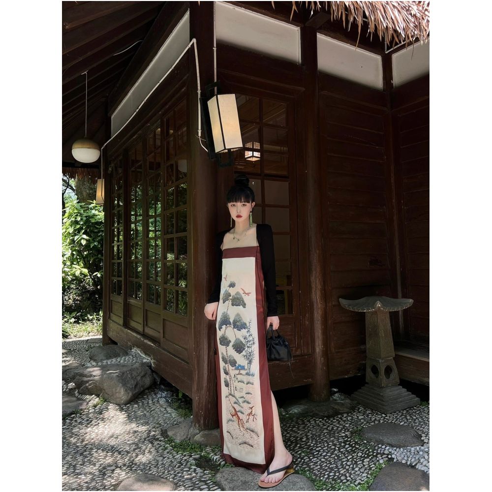 China Chic retro dress with straight neck in summer 2022 New slim slim high waist slit dress for women image 9