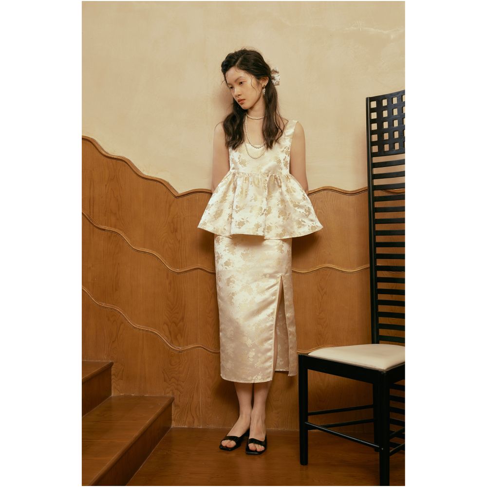 YUANYE Yuanye Rich and Noble Girl Original New Chinese Jacquard Champagne Tank Top Pong Top Half Skirt Set Summer image 2