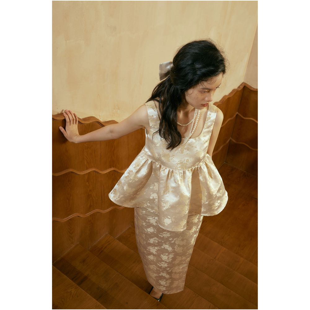 YUANYE Yuanye Rich and Noble Girl Original New Chinese Jacquard Champagne Tank Top Pong Top Half Skirt Set Summer image 4