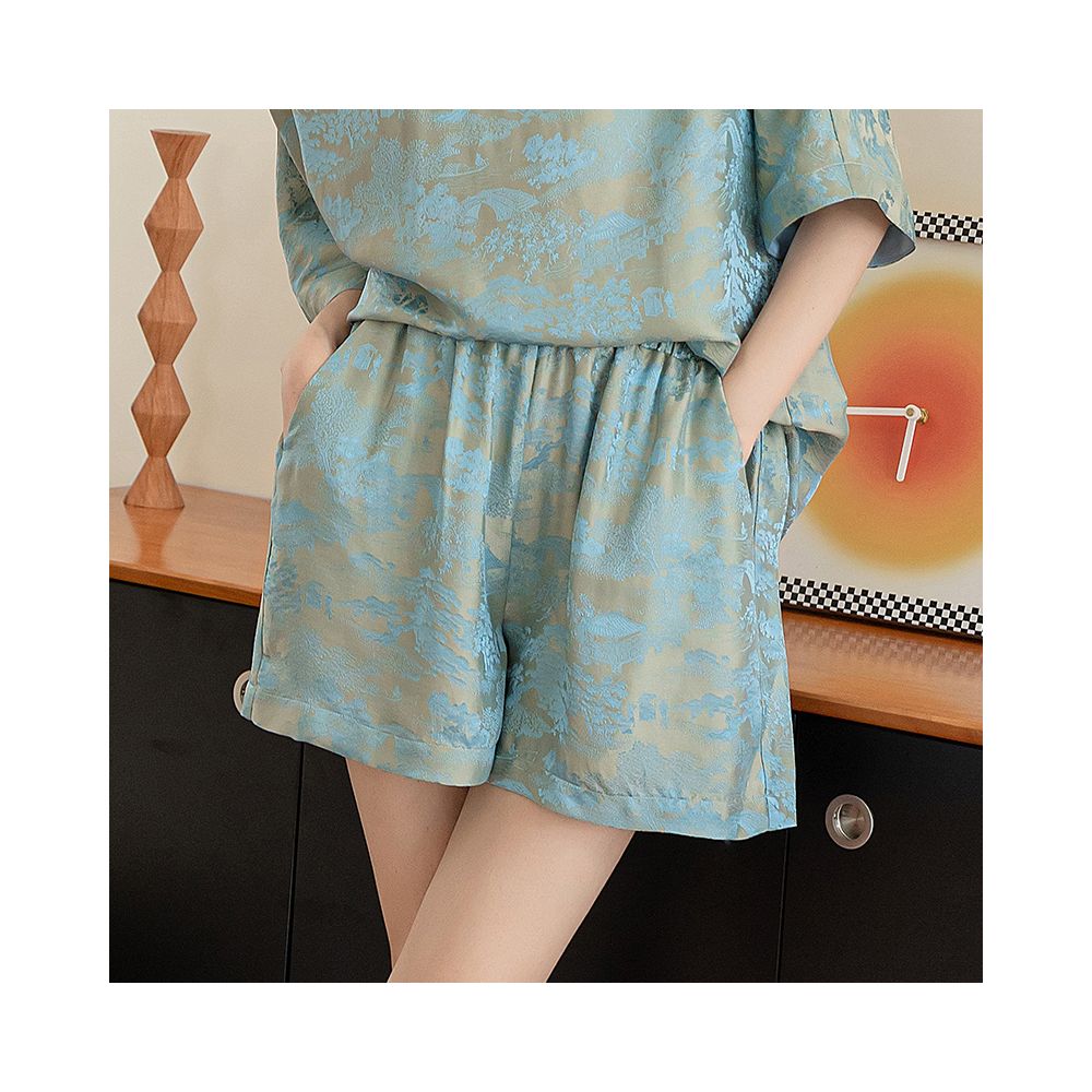 Retro silk jacquard Chinese style set women s summer and western style fashion short sleeved top high waisted shorts mulberry silk two piece set image 23