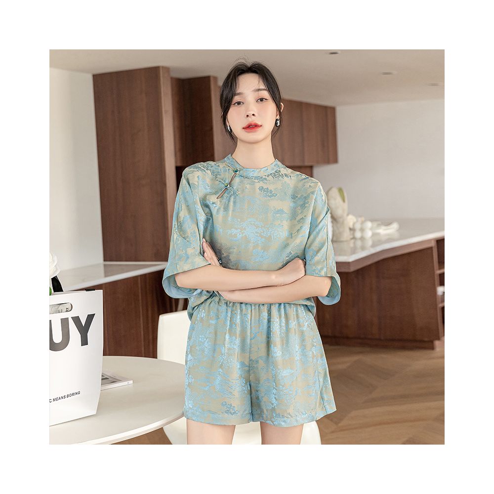 Retro silk jacquard Chinese style set women s summer and western style fashion short sleeved top high waisted shorts mulberry silk two piece set image 30