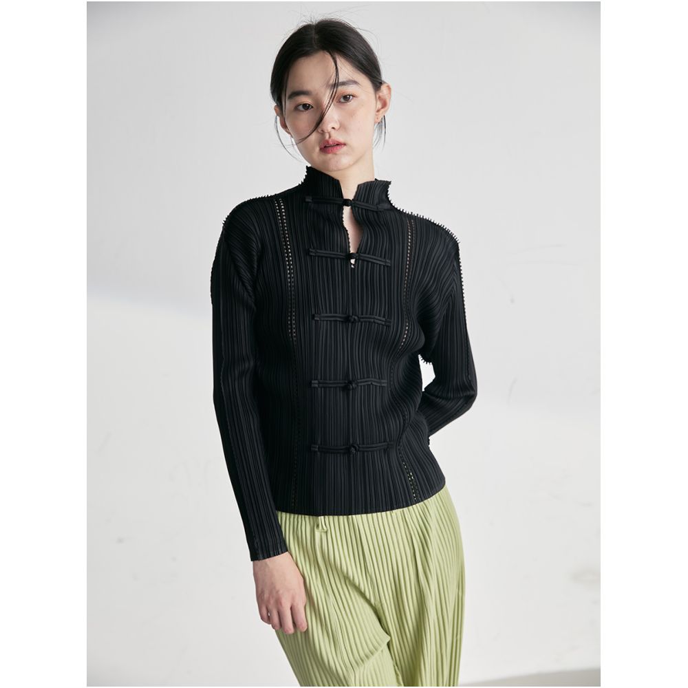 Whitecube early spring long sleeved shirt laser engraved three house style pleated new Chinese style button down shirt top for women image 2