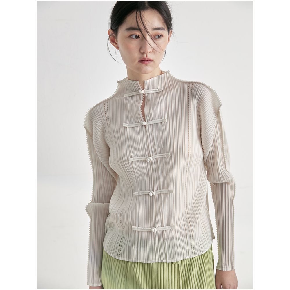 Whitecube early spring long sleeved shirt laser engraved three house style pleated new Chinese style button down shirt top for women image 0