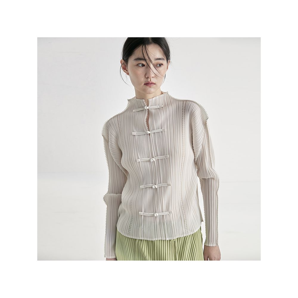 Whitecube early spring long sleeved shirt laser engraved three house style pleated new Chinese style button down shirt top for women image 7