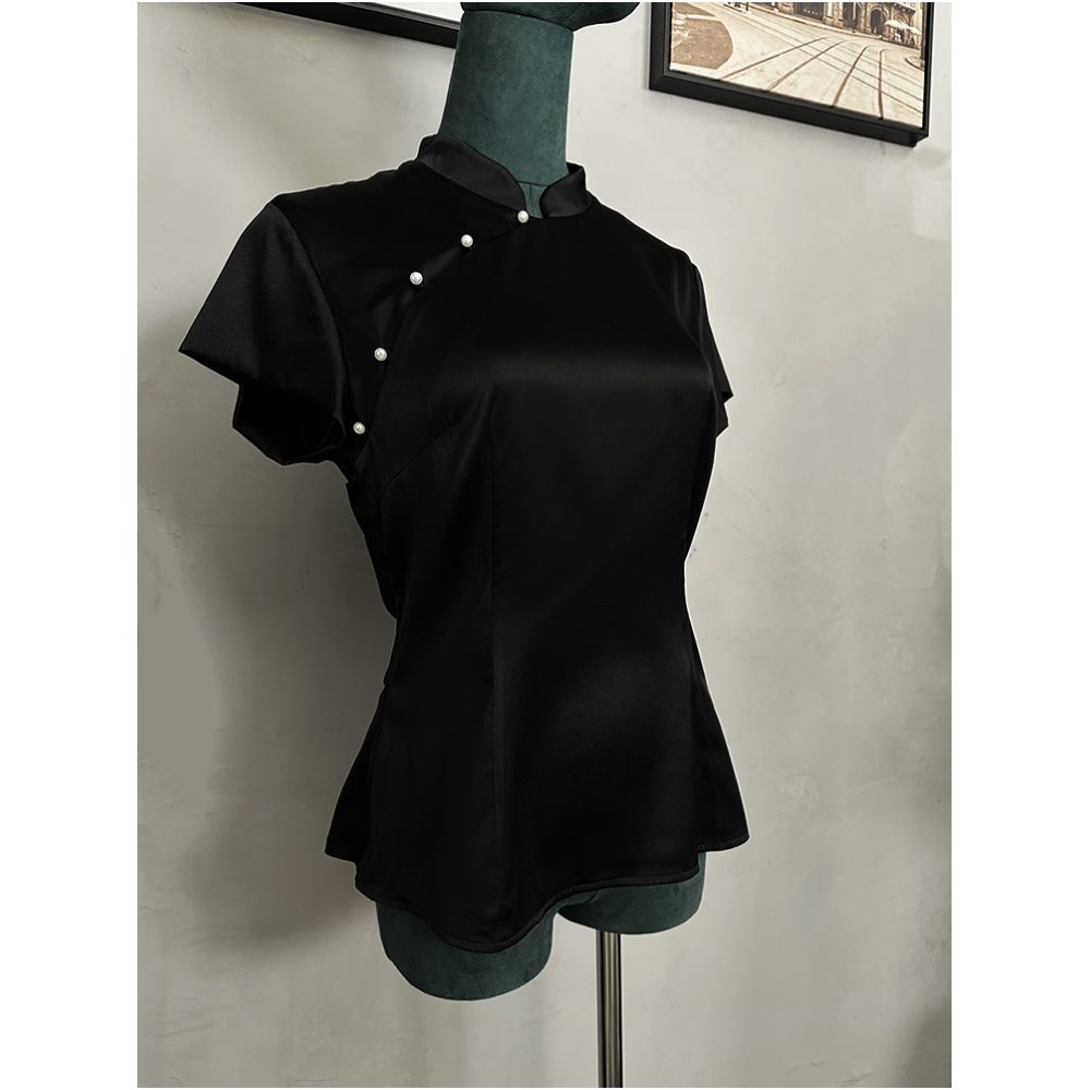 Monthly poster silk cheongsam top appears slim with exposed waist slightly wide short sleeved stand up collar slim fit silk side zipper image 34