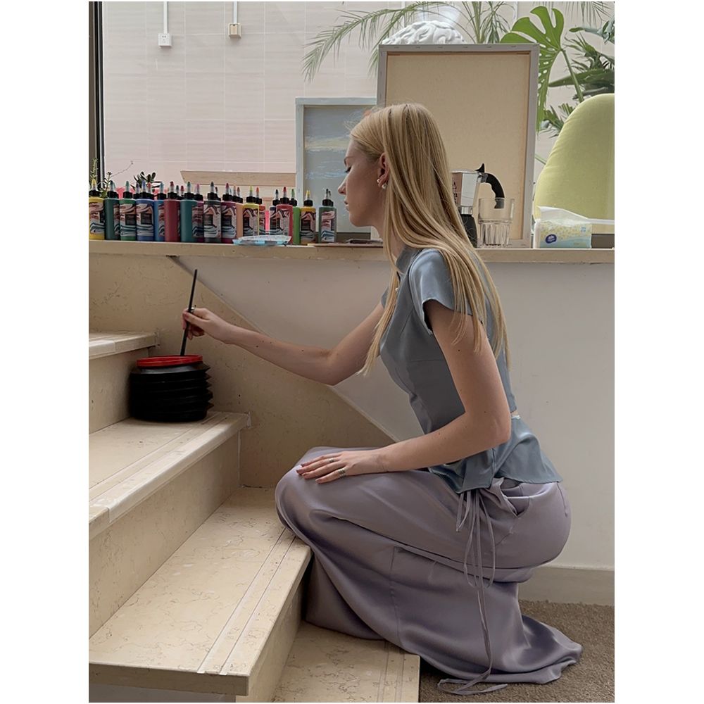 Monthly poster silk cheongsam top appears slim with exposed waist slightly wide short sleeved stand up collar slim fit silk side zipper image 122