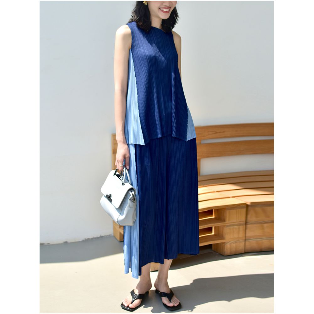 Whitecube2024 Summer Style Color blocked Beautiful Texture Sleeveless Temperament Reduced Age Light Luxury Wrinkle Two Piece Set for Women image 2