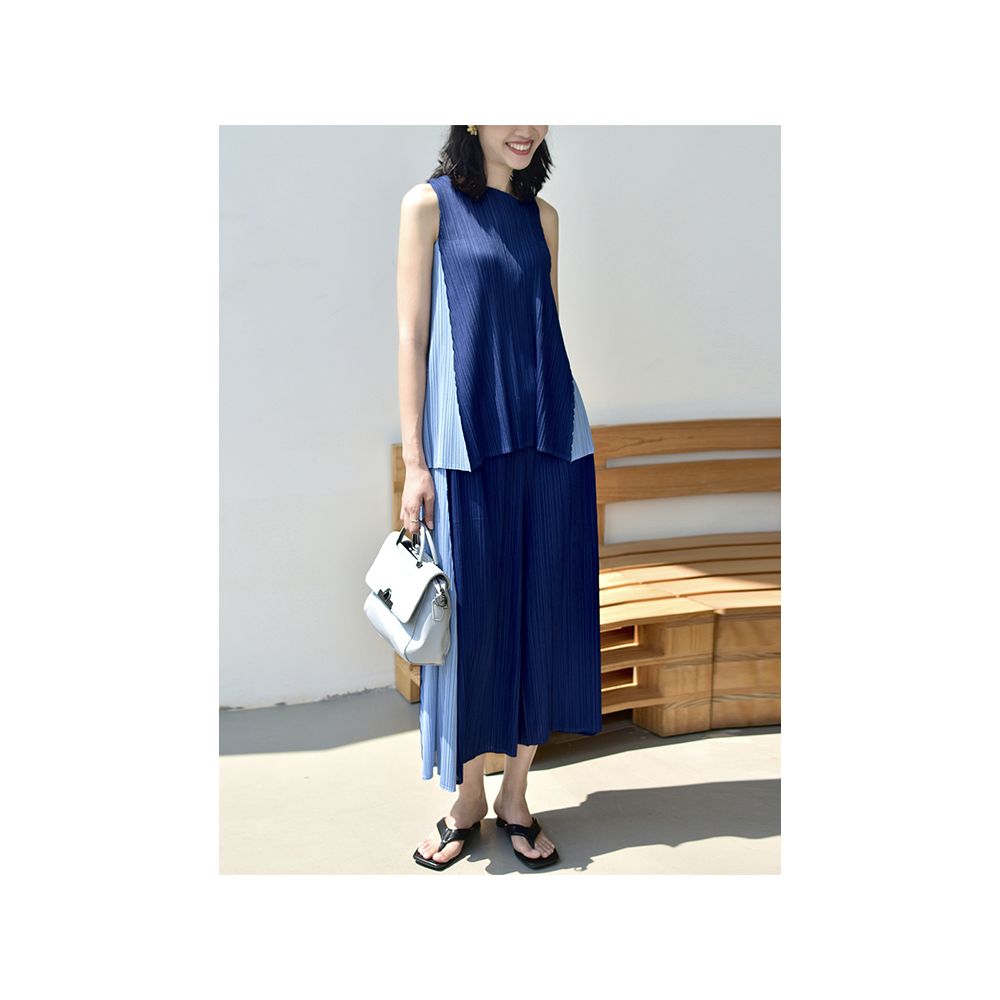 Whitecube2024 Summer Style Color blocked Beautiful Texture Sleeveless Temperament Reduced Age Light Luxury Wrinkle Two Piece Set for Women image 7