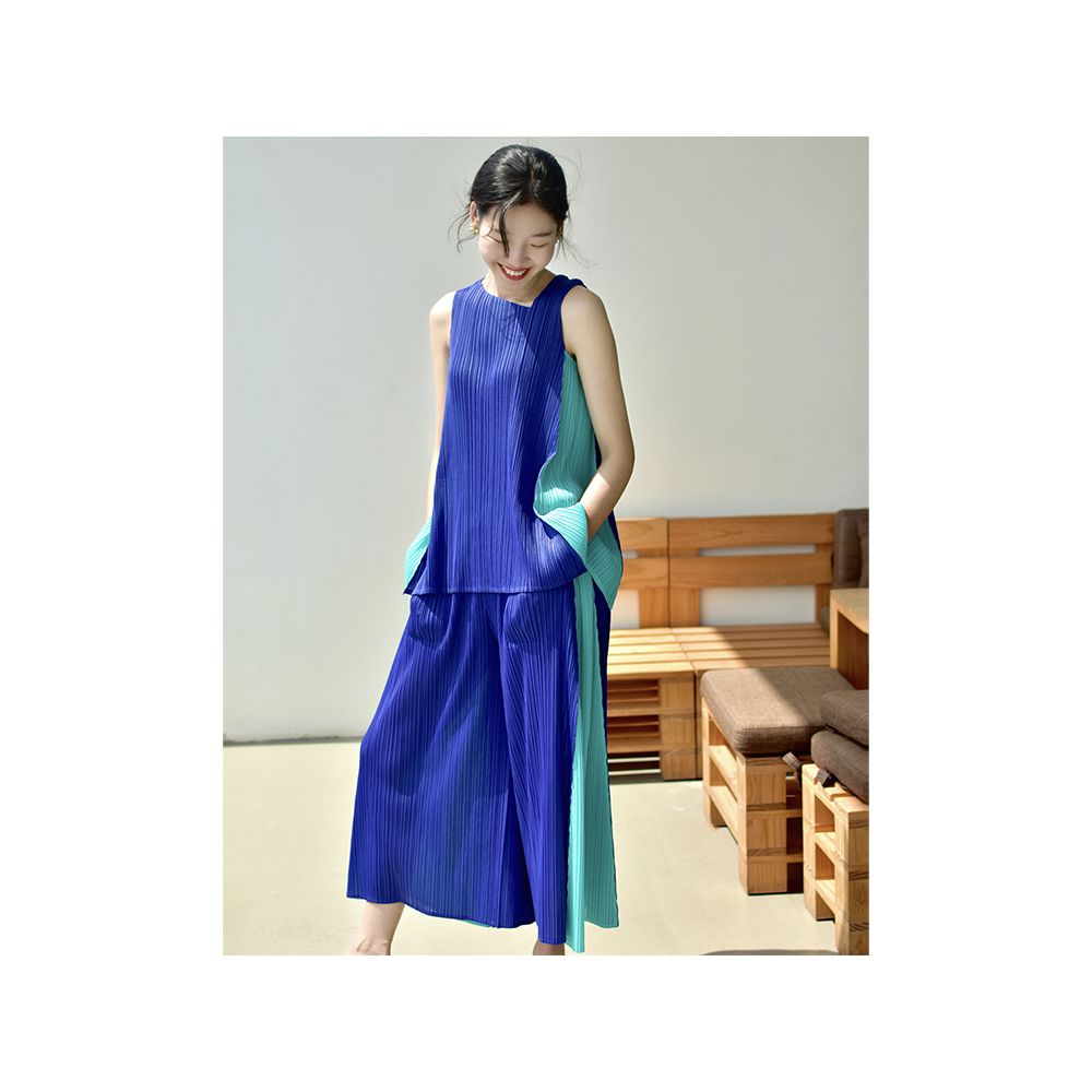 Whitecube2024 Summer Style Color blocked Beautiful Texture Sleeveless Temperament Reduced Age Light Luxury Wrinkle Two Piece Set for Women image 9