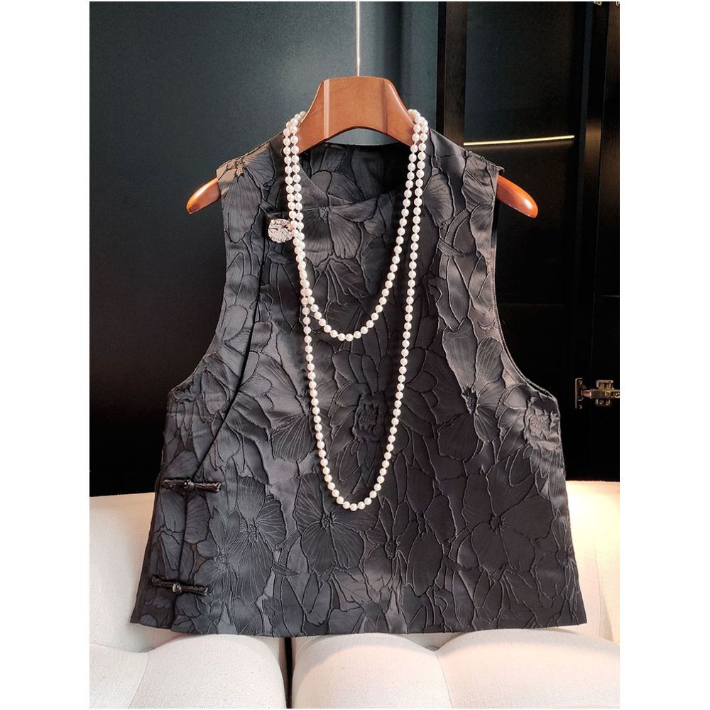 Black high end relief jacquard vest vest vest vest women s autumn outfit new and improved Chinese style round neck and Chinese style camisole top image 1